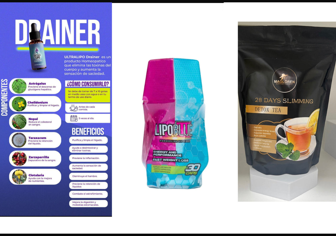 Combo Pastilla para adelgazar lipo blue + detox tea + drainer burner